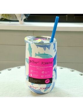 Betsey Johnson Insulated Wine Tumbler 16oz Hot Cold White Blue Fish Kitschy NWT